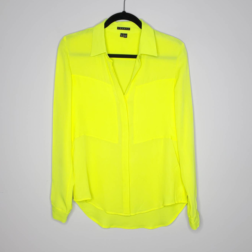 THEORY Durlia Neon Yellow V-Neck Long Sleeve Silk Blouse Sz Small S